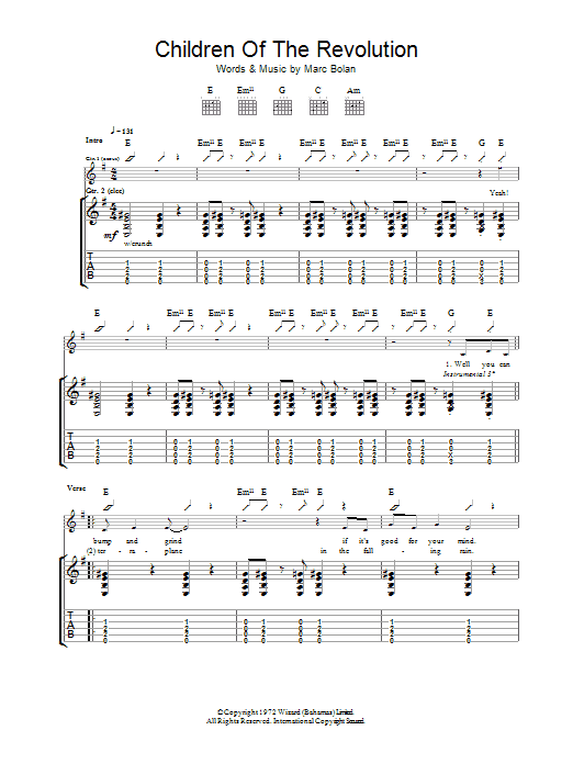 T Rex Children Of The Revolution Sheet Music Notes & Chords for Guitar Tab - Download or Print PDF