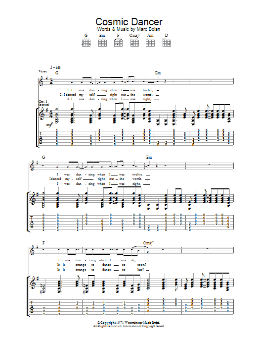 T Rex Cosmic Dancer Sheet Music Notes & Chords for Guitar Tab - Download or Print PDF