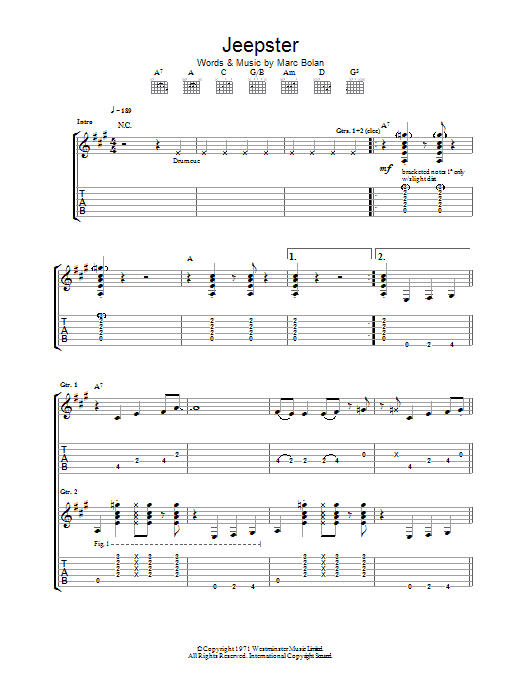 T. Rex Jeepster Sheet Music Notes & Chords for Piano, Vocal & Guitar (Right-Hand Melody) - Download or Print PDF