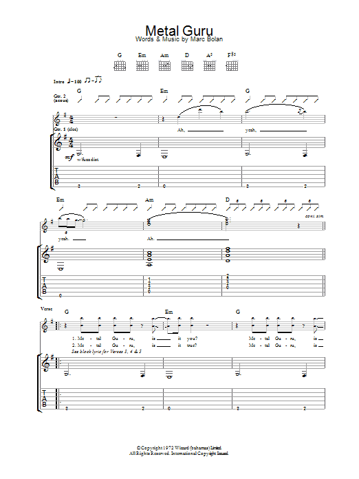 T. Rex Metal Guru Sheet Music Notes & Chords for Lyrics & Chords - Download or Print PDF