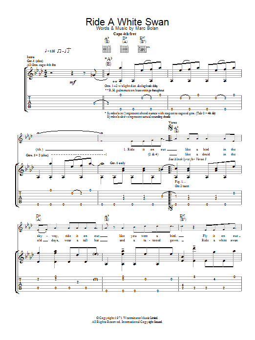T. Rex Ride A White Swan Sheet Music Notes & Chords for Lyrics & Chords - Download or Print PDF