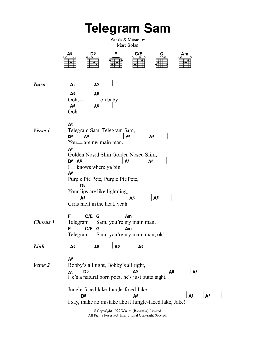 T. Rex Telegram Sam Sheet Music Notes & Chords for Guitar Chords/Lyrics - Download or Print PDF