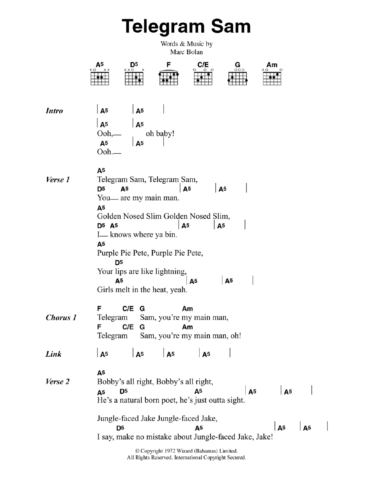 T. Rex Telegram Sam Sheet Music Notes & Chords for Lyrics & Chords - Download or Print PDF
