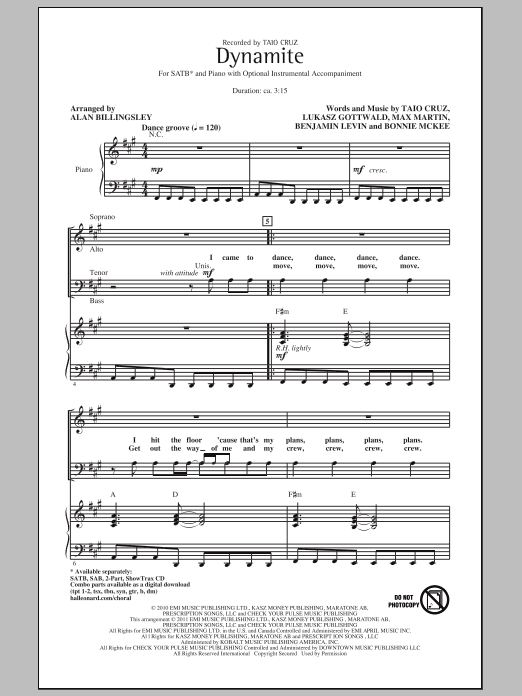 Taio Cruz Dynamite (arr. Alan Billingsley) Sheet Music Notes & Chords for SAB - Download or Print PDF