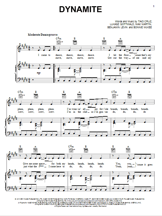 Taio Cruz Dynamite Sheet Music Notes & Chords for Piano, Vocal & Guitar Chords (Right-Hand Melody) - Download or Print PDF