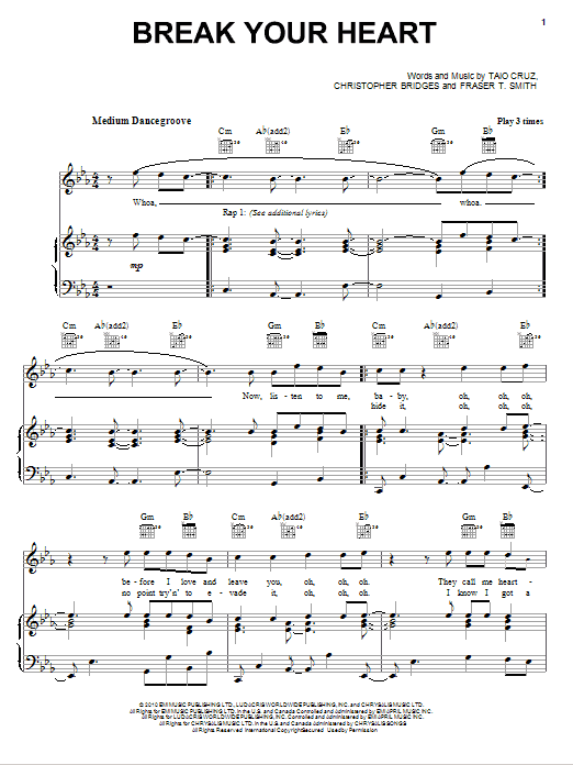 Taio Cruz featuring Ludacris Break Your Heart Sheet Music Notes & Chords for Piano, Vocal & Guitar (Right-Hand Melody) - Download or Print PDF