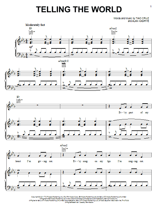 Taio Cruz Telling The World Sheet Music Notes & Chords for Piano, Vocal & Guitar (Right-Hand Melody) - Download or Print PDF