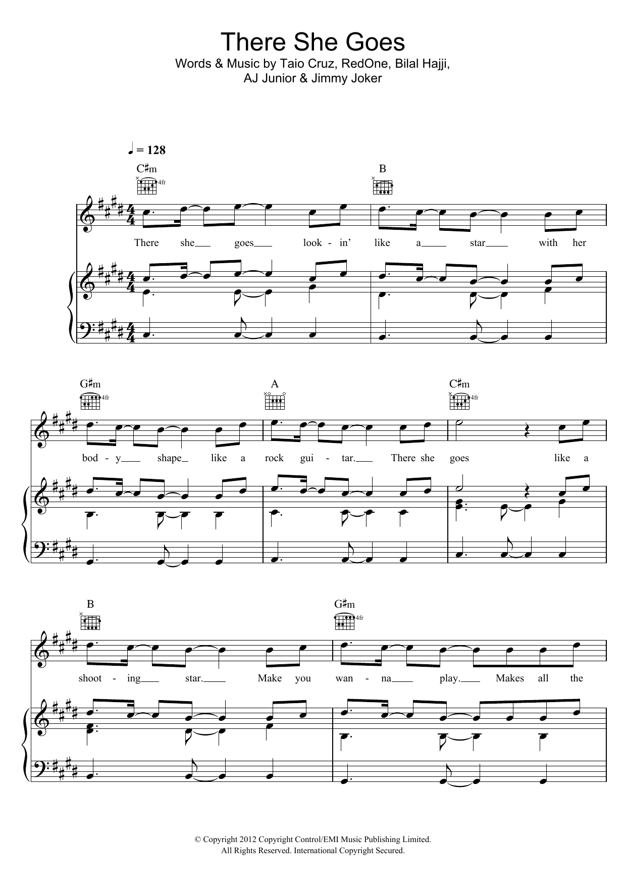 Taio Cruz There She Goes Sheet Music Notes & Chords for Piano, Vocal & Guitar (Right-Hand Melody) - Download or Print PDF