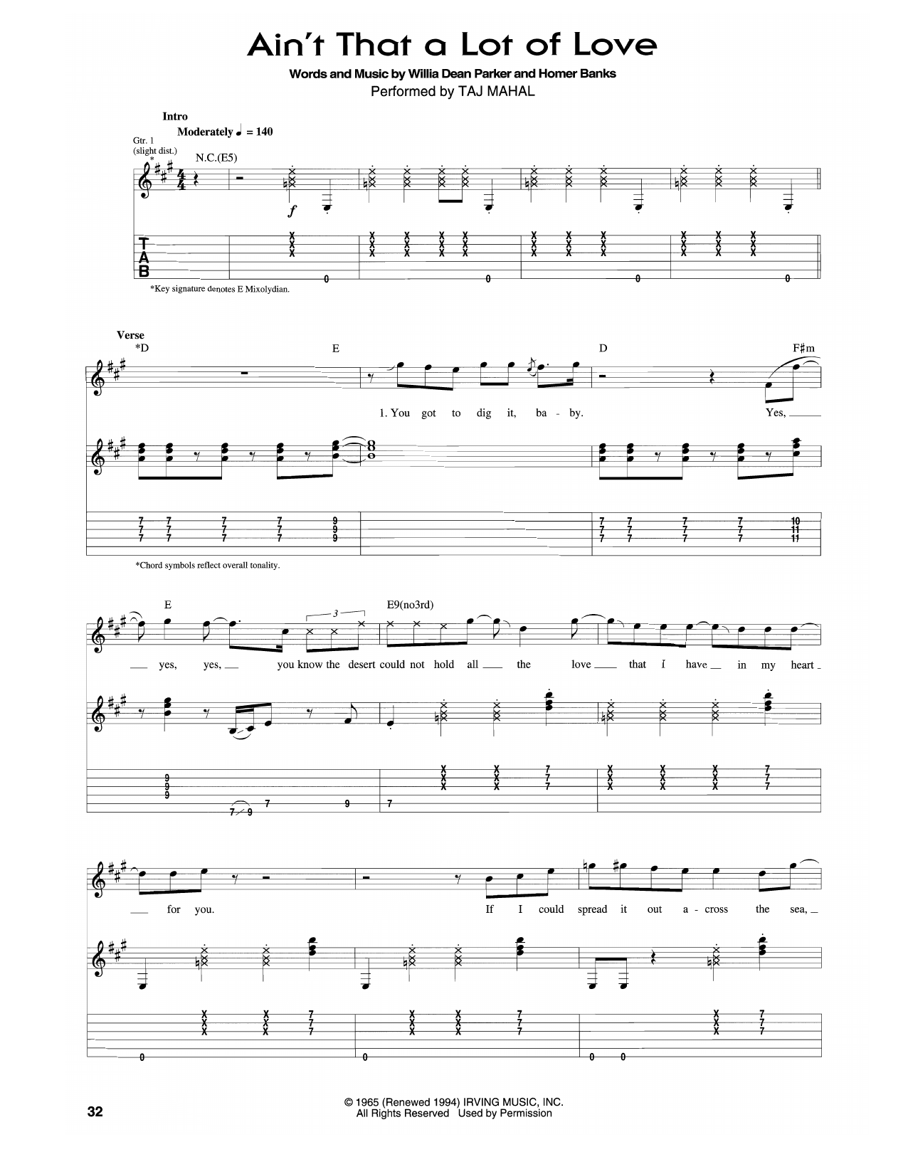 Taj Mahal Ain't That A Lot Of Love Sheet Music Notes & Chords for Guitar Tab - Download or Print PDF