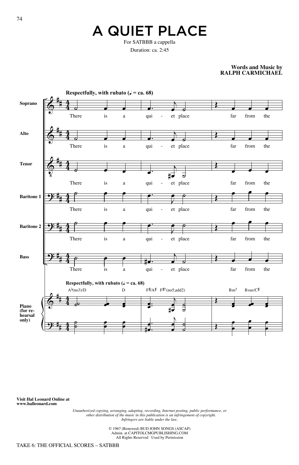 Take 6 A Quiet Place Sheet Music Notes & Chords for SATB Choir - Download or Print PDF