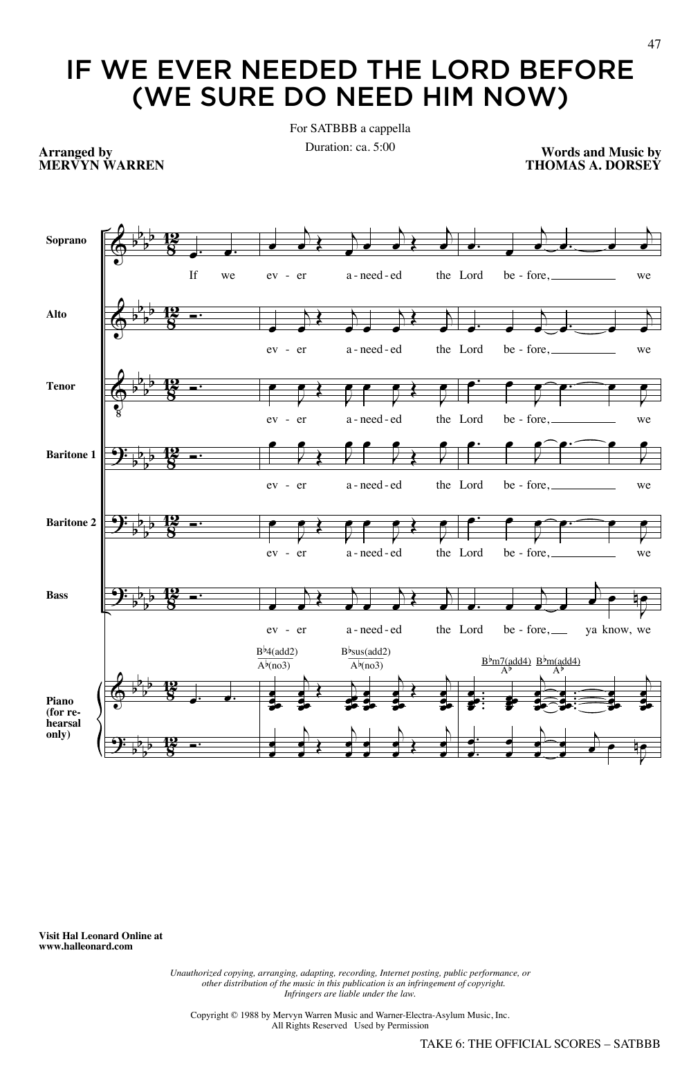 Take 6 If We Ever (Needed The Lord Before) Sheet Music Notes & Chords for SATB Choir - Download or Print PDF
