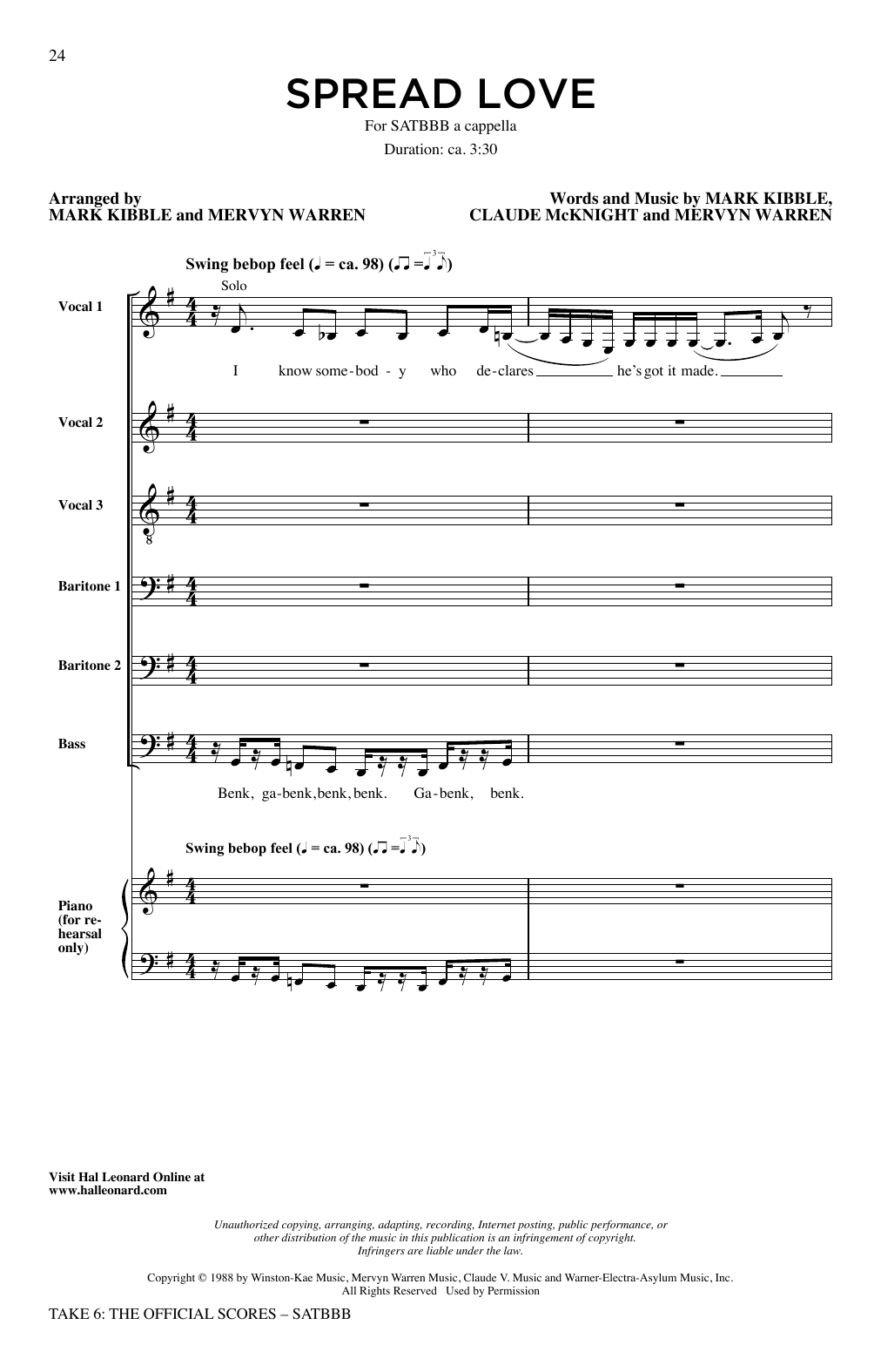 Take 6 Spread Love Sheet Music Notes & Chords for SATB Choir - Download or Print PDF