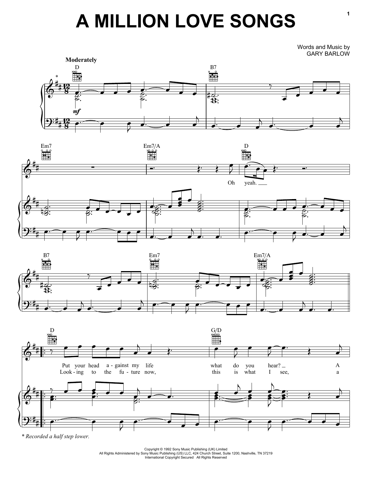 Take That A Million Love Songs Sheet Music Notes & Chords for Piano, Vocal & Guitar Chords (Right-Hand Melody) - Download or Print PDF