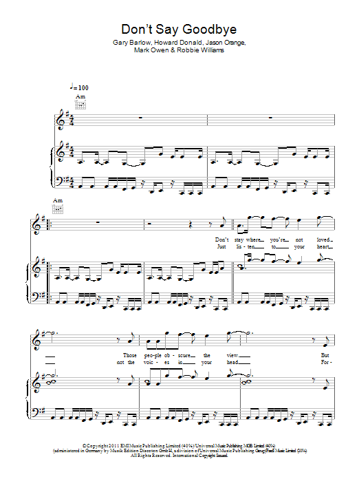 Take That Don't Say Goodbye Sheet Music Notes & Chords for Piano, Vocal & Guitar (Right-Hand Melody) - Download or Print PDF