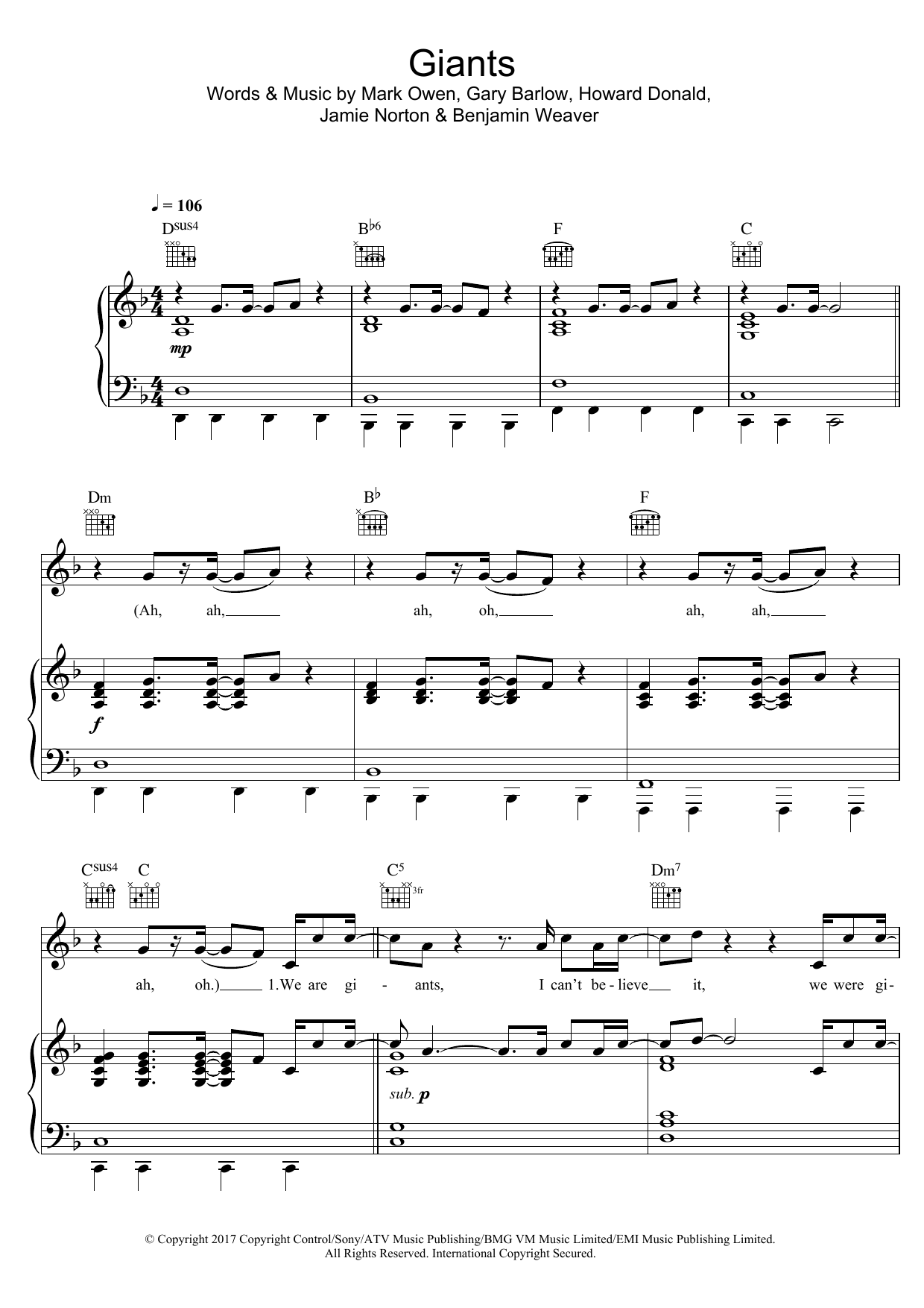 Take That Giants Sheet Music Notes & Chords for Piano, Vocal & Guitar (Right-Hand Melody) - Download or Print PDF