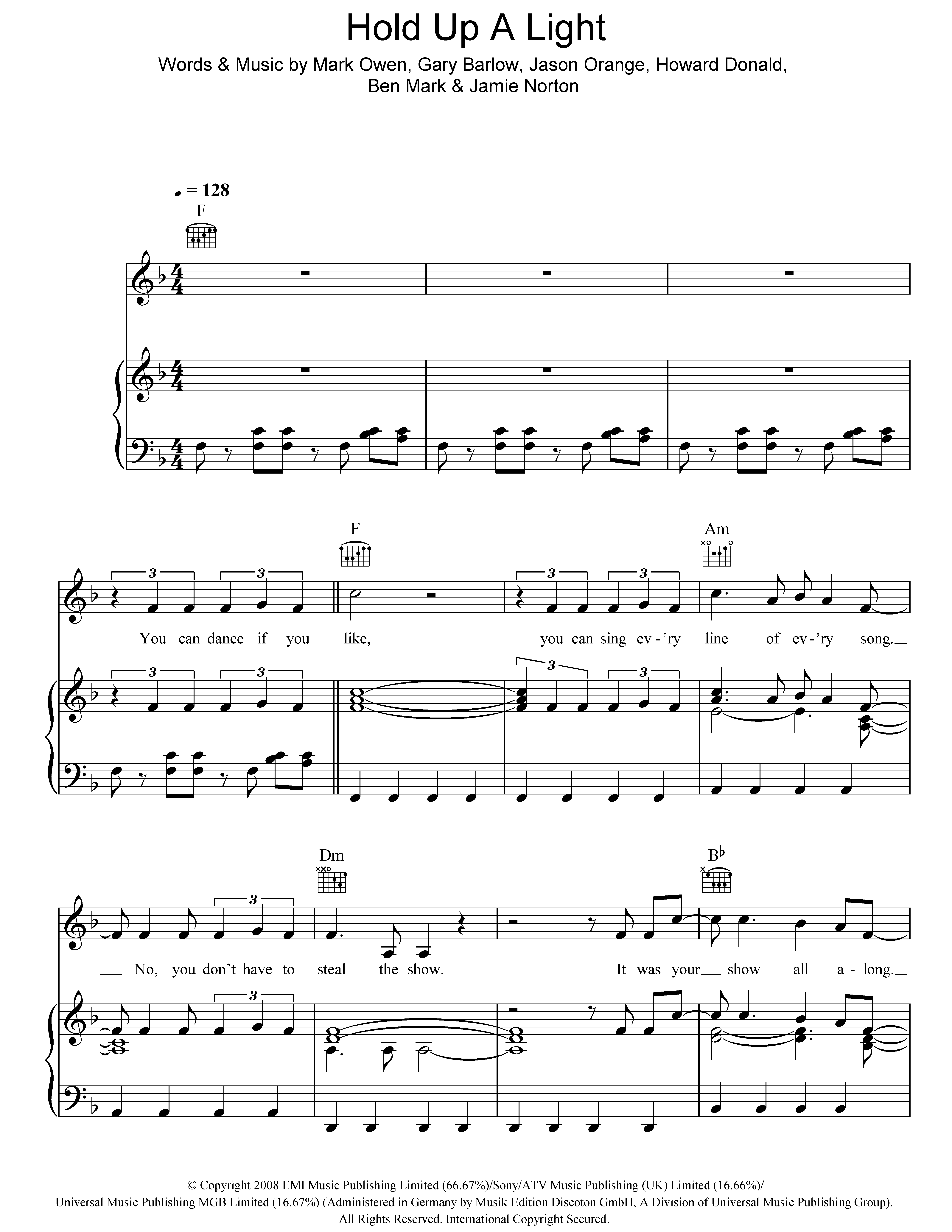 Take That Hold Up A Light Sheet Music Notes & Chords for Piano, Vocal & Guitar (Right-Hand Melody) - Download or Print PDF