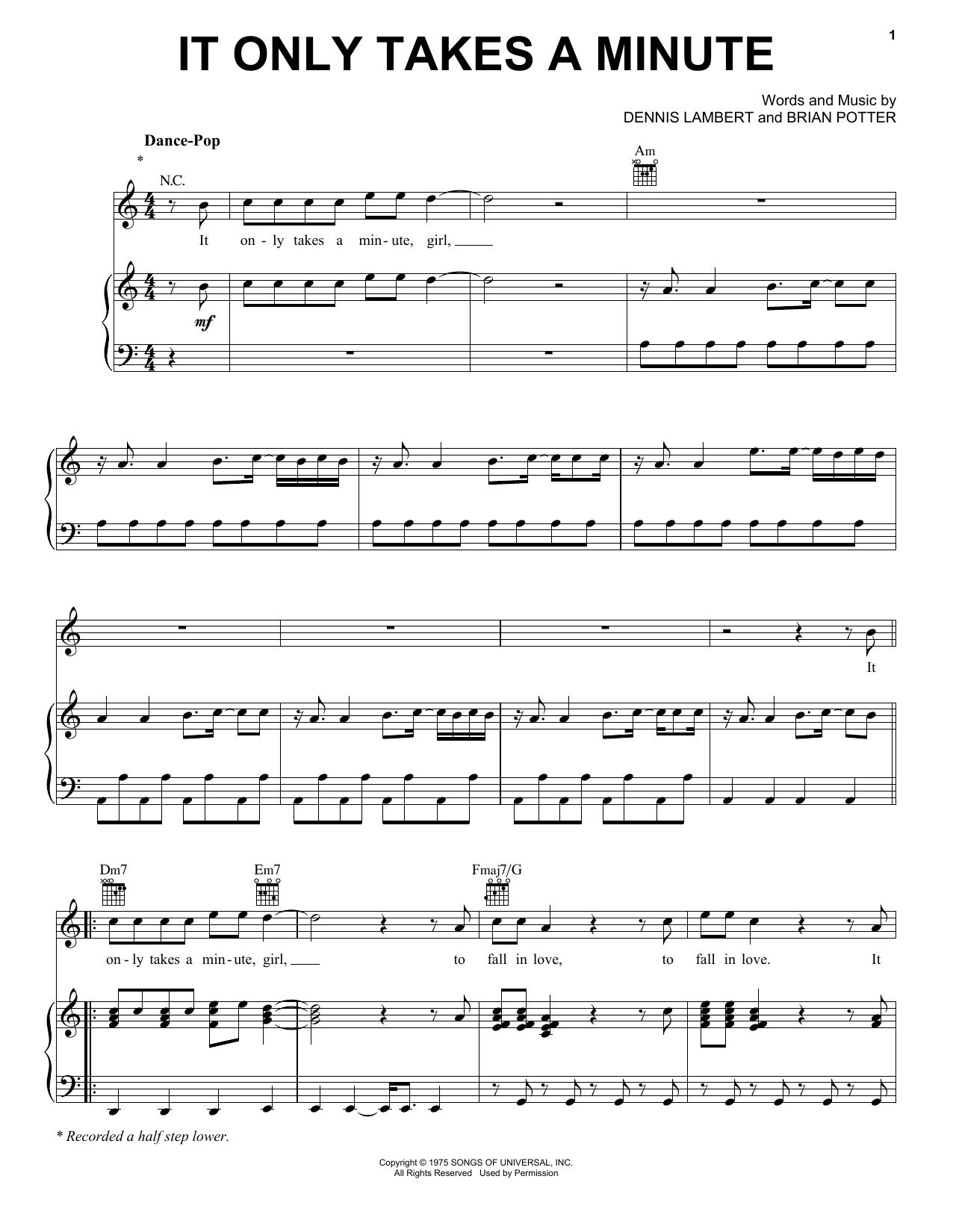 Take That It Only Takes A Minute Sheet Music Notes & Chords for Piano, Vocal & Guitar Chords (Right-Hand Melody) - Download or Print PDF Take That It Only Takes A Minute Sheet Music Notes & Chords for Piano, Vocal & Guitar Chords (Right-Hand Melody) - Download or Print PDF