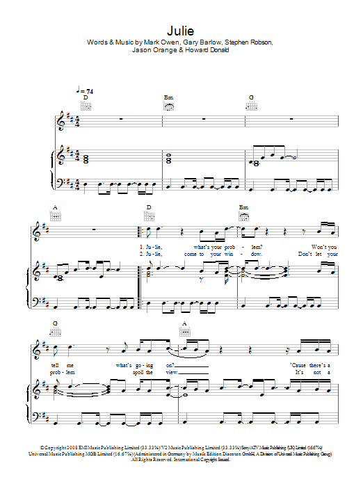 Take That Julie Sheet Music Notes & Chords for Piano, Vocal & Guitar (Right-Hand Melody) - Download or Print PDF