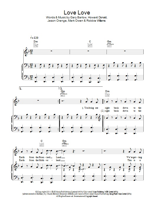 Take That Love Love Sheet Music Notes & Chords for Piano, Vocal & Guitar (Right-Hand Melody) - Download or Print PDF