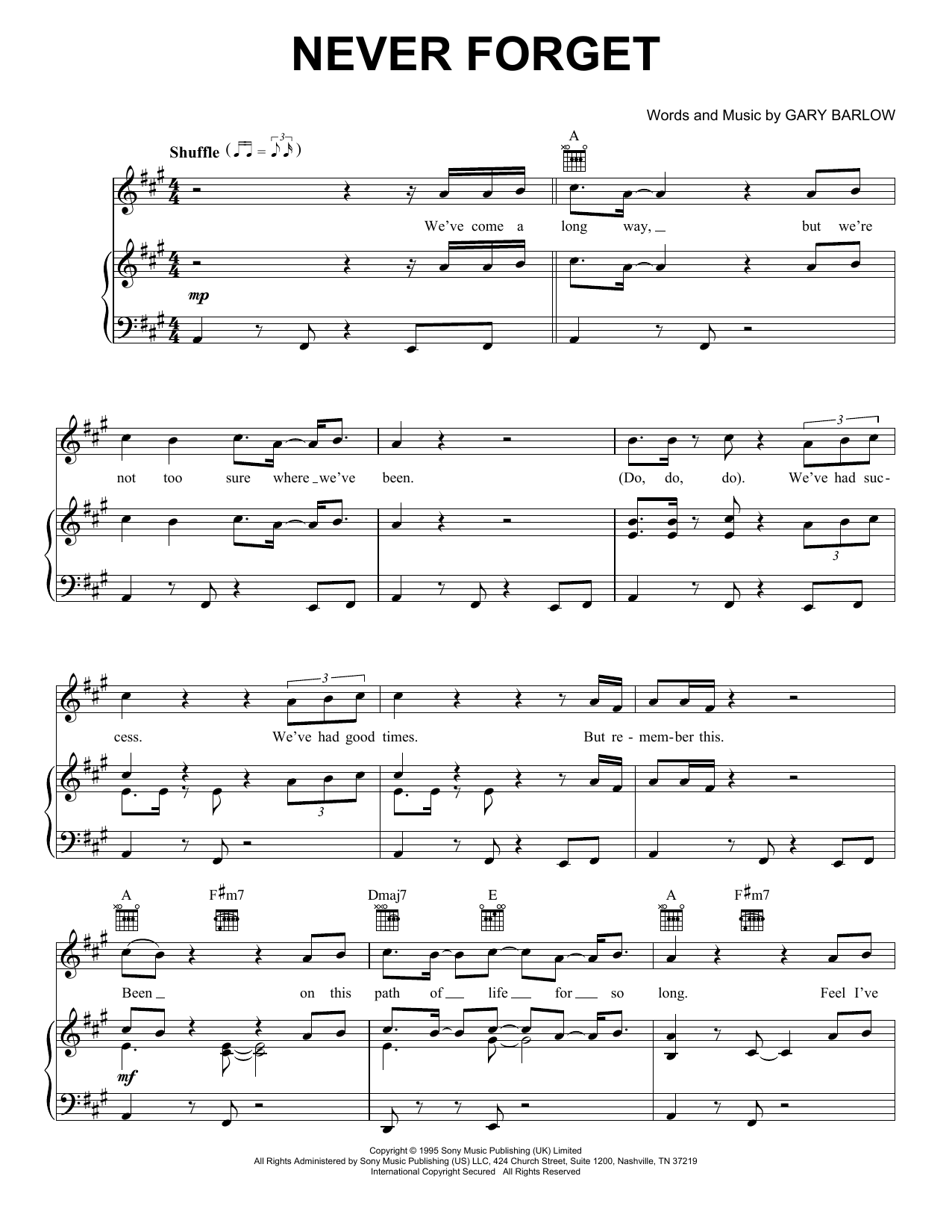 Take That Never Forget Sheet Music Notes & Chords for Piano, Vocal & Guitar Chords (Right-Hand Melody) - Download or Print PDF