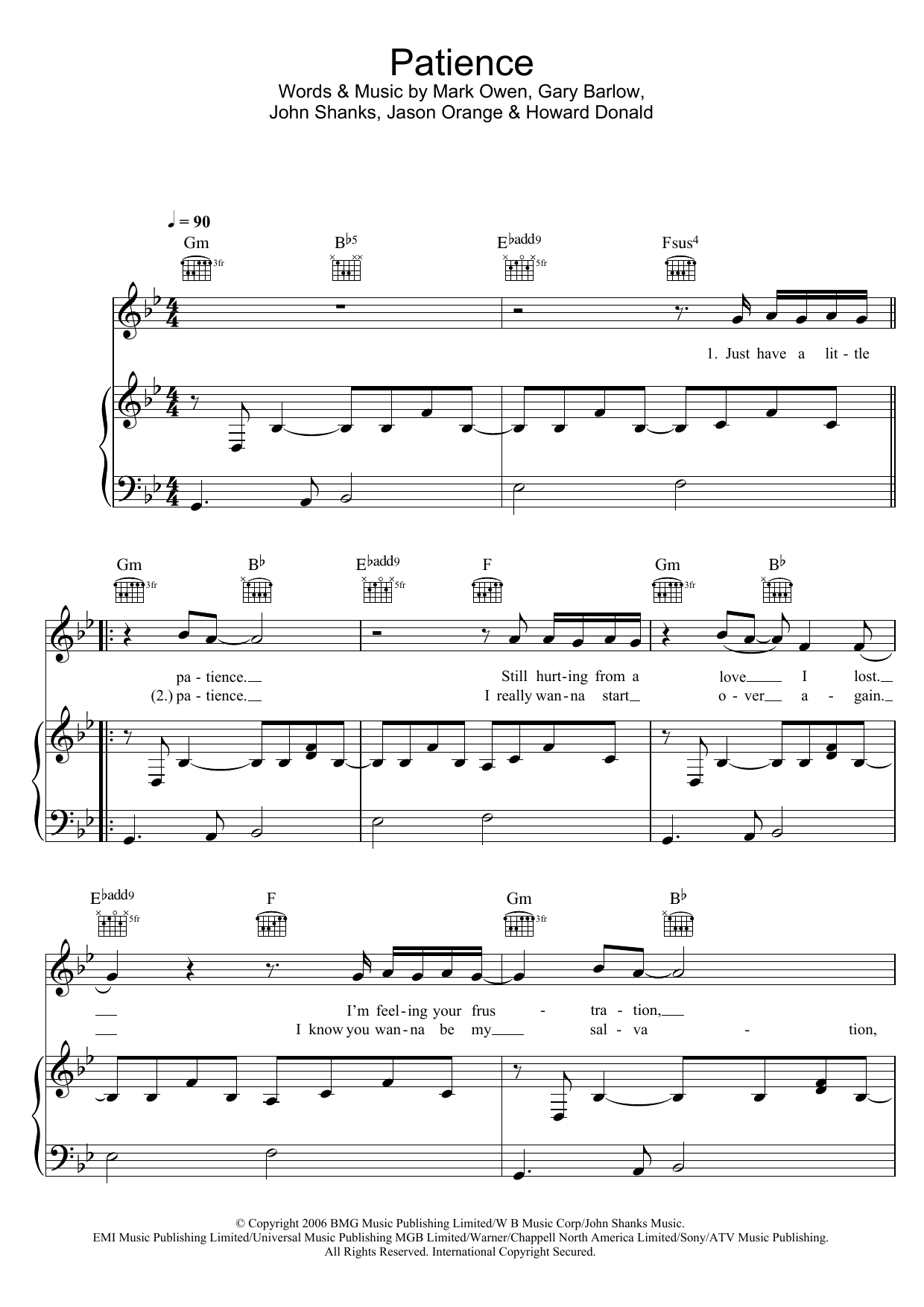 Take That Patience Sheet Music Notes & Chords for Keyboard - Download or Print PDF