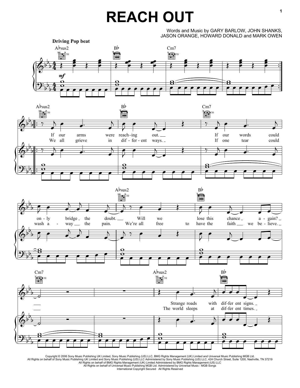 Take That Reach Out Sheet Music Notes & Chords for Piano, Vocal & Guitar Chords (Right-Hand Melody) - Download or Print PDF