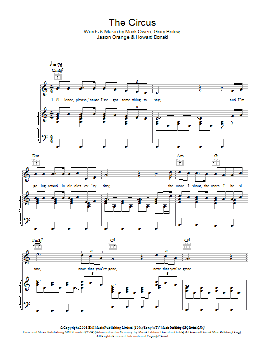 Take That The Circus Sheet Music Notes & Chords for Piano, Vocal & Guitar (Right-Hand Melody) - Download or Print PDF