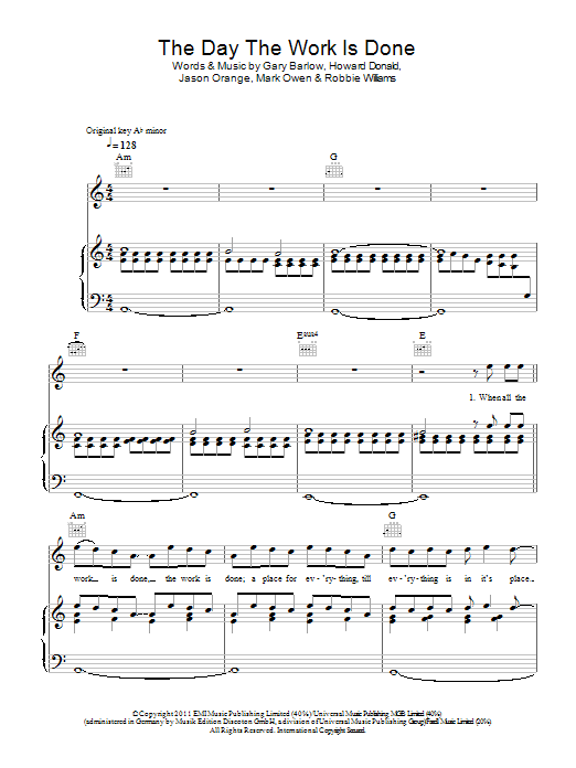 Take That The Day The Work Is Done Sheet Music Notes & Chords for Piano, Vocal & Guitar (Right-Hand Melody) - Download or Print PDF