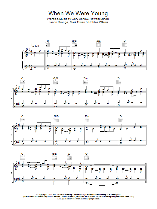 Take That When We Were Young Sheet Music Notes & Chords for Piano, Vocal & Guitar (Right-Hand Melody) - Download or Print PDF