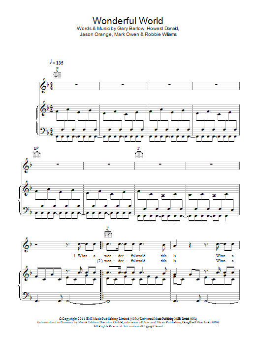 Take That Wonderful World Sheet Music Notes & Chords for Piano, Vocal & Guitar (Right-Hand Melody) - Download or Print PDF