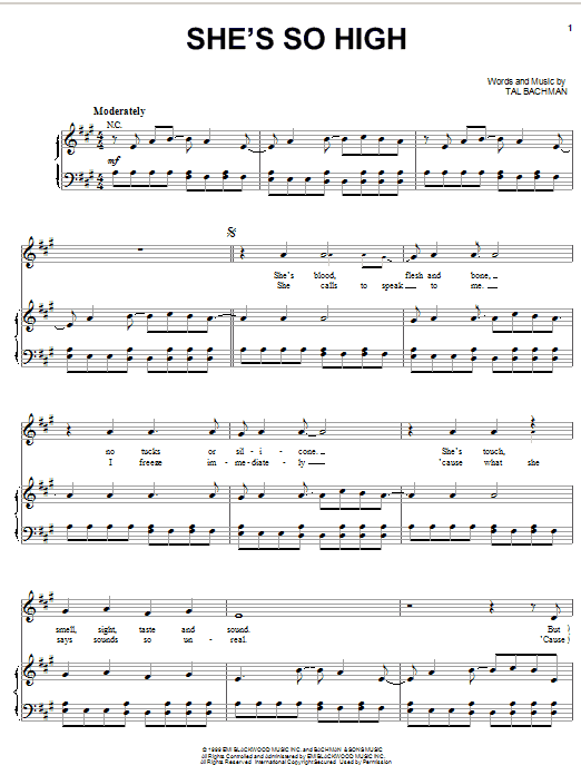 Tal Bachman She's So High Sheet Music Notes & Chords for Piano, Vocal & Guitar (Right-Hand Melody) - Download or Print PDF