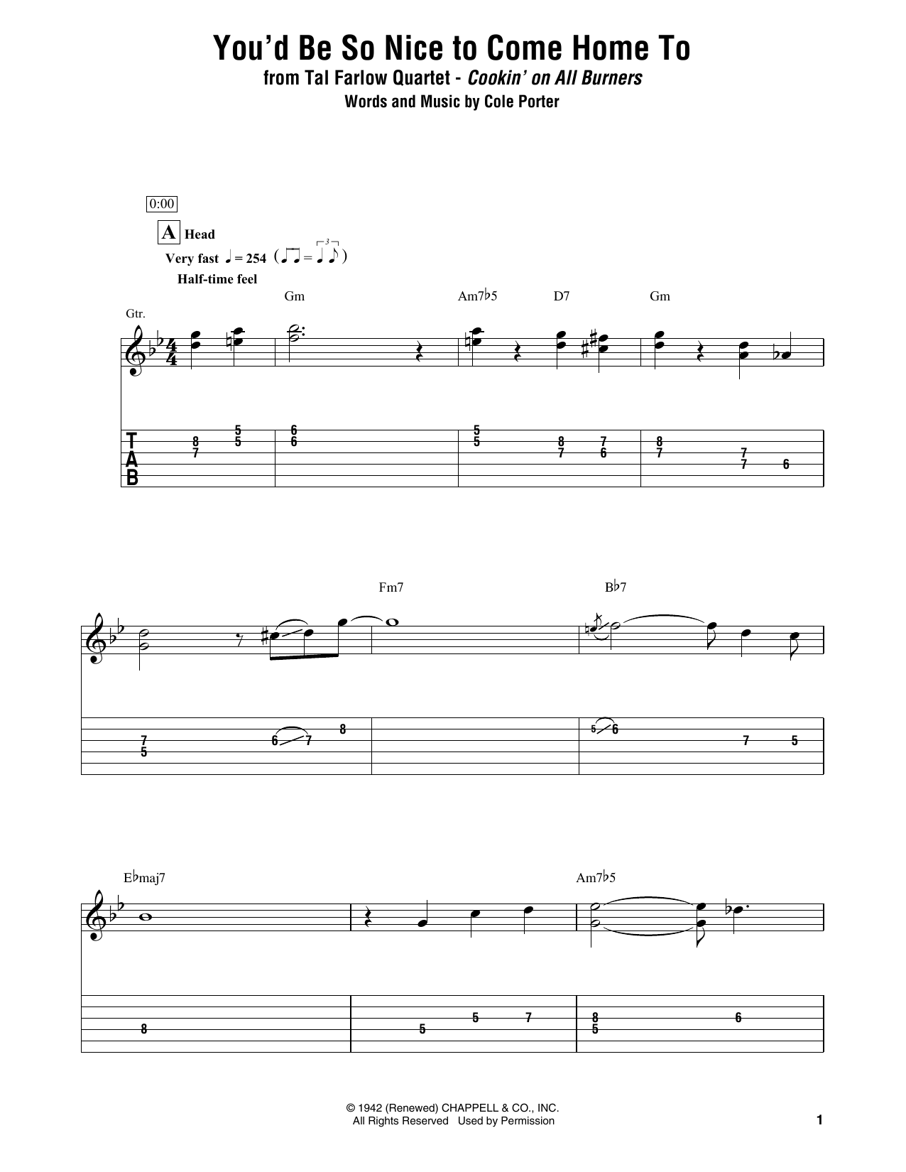 Tal Farlow Quartet You'd Be So Nice To Come Home To Sheet Music Notes & Chords for Electric Guitar Transcription - Download or Print PDF