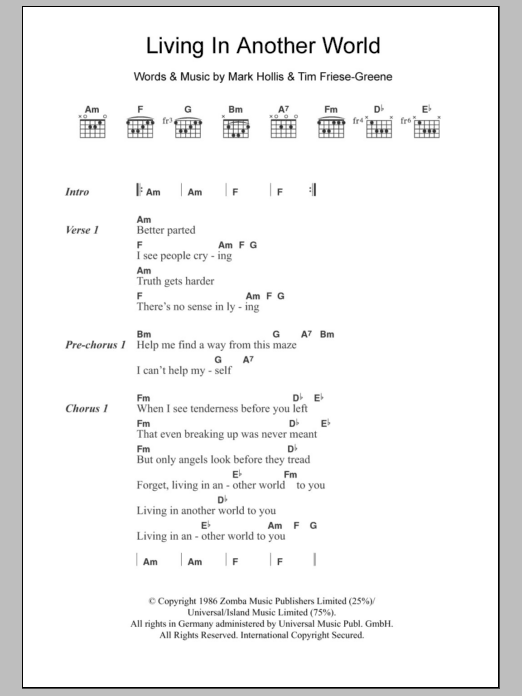 Talk Talk Living In Another World Sheet Music Notes & Chords for Lyrics & Chords - Download or Print PDF