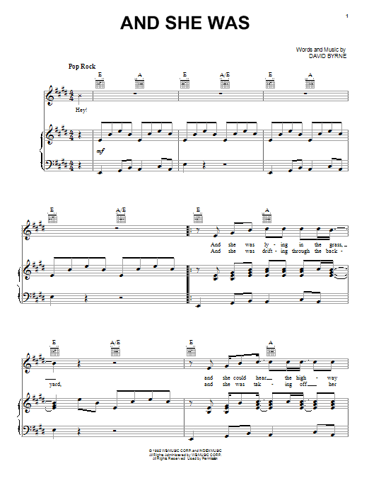 Talking Heads And She Was Sheet Music Notes & Chords for Piano, Vocal & Guitar (Right-Hand Melody) - Download or Print PDF