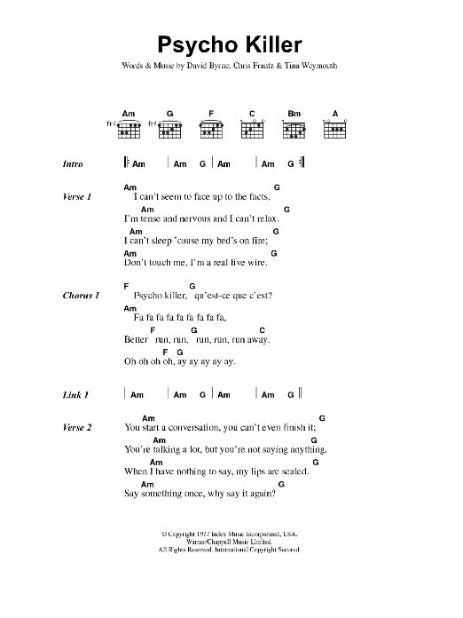 Talking Heads Psycho Killer Sheet Music Notes & Chords for Piano, Vocal & Guitar (Right-Hand Melody) - Download or Print PDF