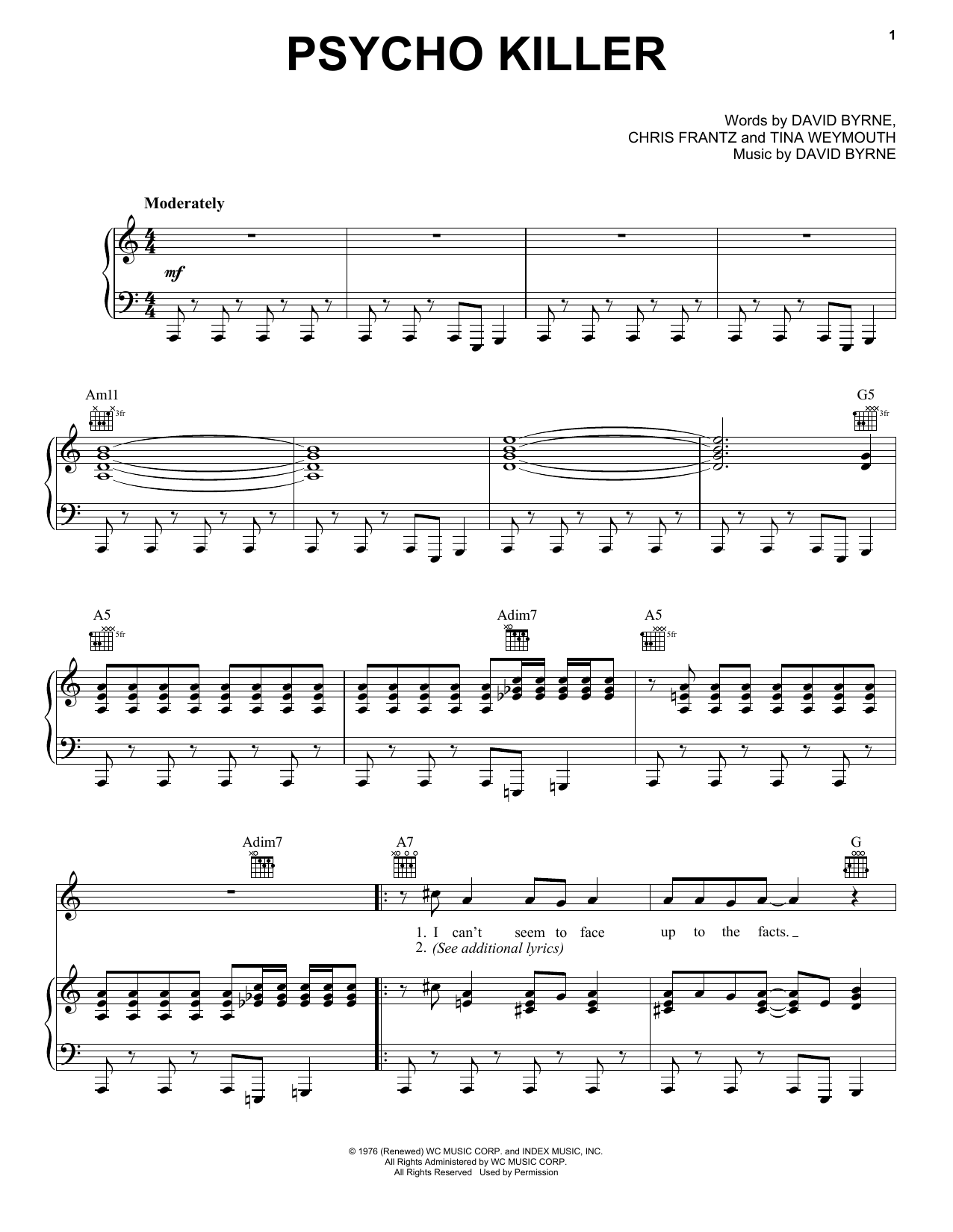 Talking Heads Psycho Killer Sheet Music Notes & Chords for Piano, Vocal & Guitar (Right-Hand Melody) - Download or Print PDF