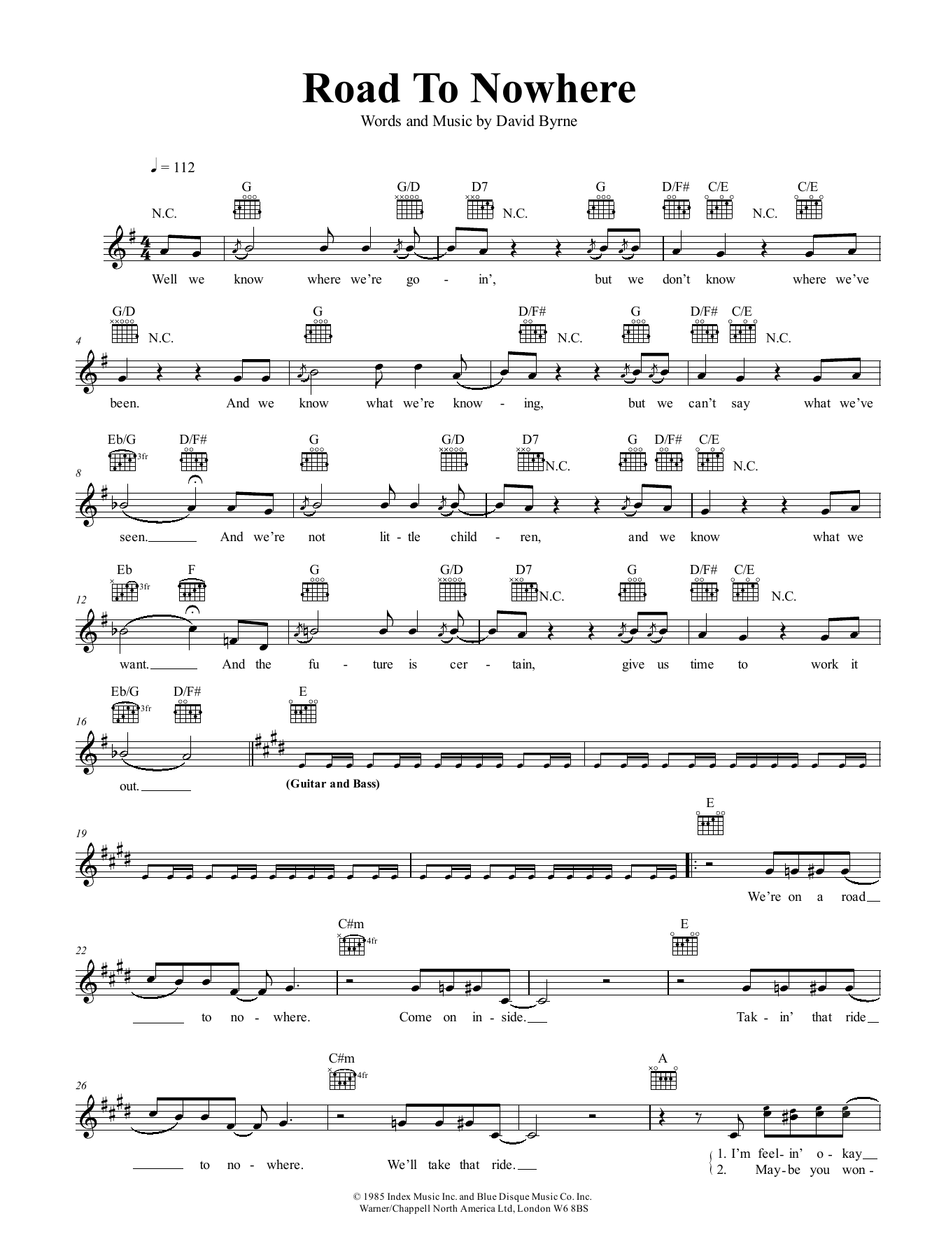 Talking Heads Road To Nowhere Sheet Music Notes & Chords for Guitar Chords/Lyrics - Download or Print PDF