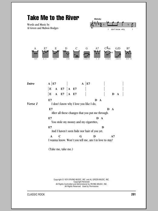 Talking Heads Take Me To The River Sheet Music Notes & Chords for Lyrics & Chords - Download or Print PDF