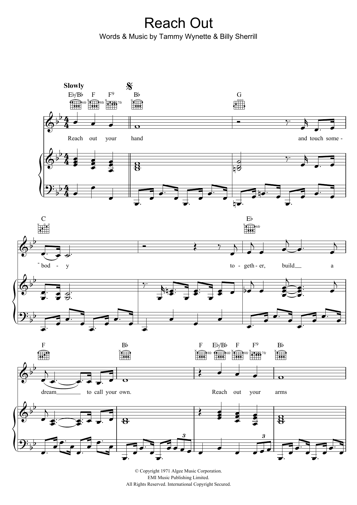Tammy Wynette Reach Out Your Hand Sheet Music Notes & Chords for Piano, Vocal & Guitar (Right-Hand Melody) - Download or Print PDF