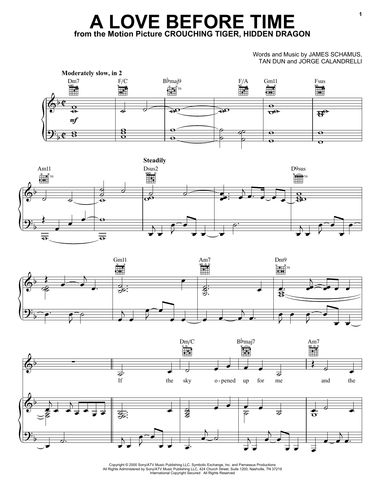 Tan Dun A Love Before Time (from Crouching Tiger, Hidden Dragon) Sheet Music Notes & Chords for Piano, Vocal & Guitar (Right-Hand Melody) - Download or Print PDF