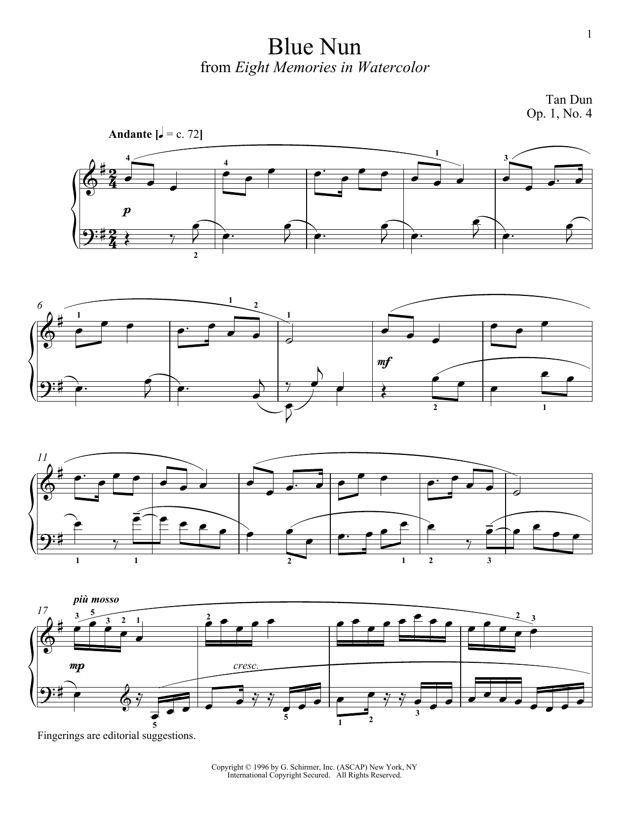 Tan Dun Blue Nun Sheet Music Notes & Chords for Piano - Download or Print PDF