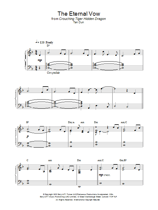 Tan Dun The Eternal Vow from Crouching Tiger, Hidden Dragon Sheet Music Notes & Chords for Piano - Download or Print PDF