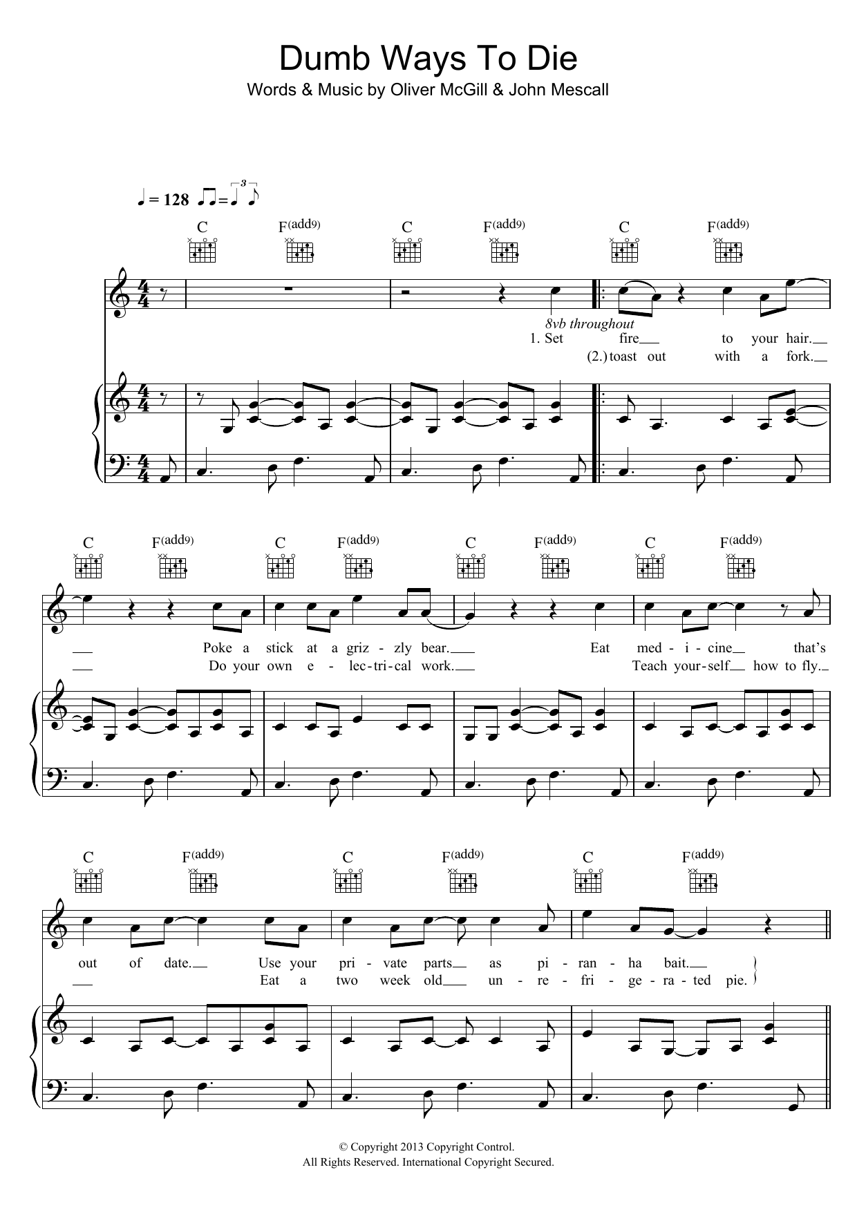 Tangerine Kitty Dumb Ways To Die Sheet Music Notes & Chords for Piano, Vocal & Guitar (Right-Hand Melody) - Download or Print PDF
