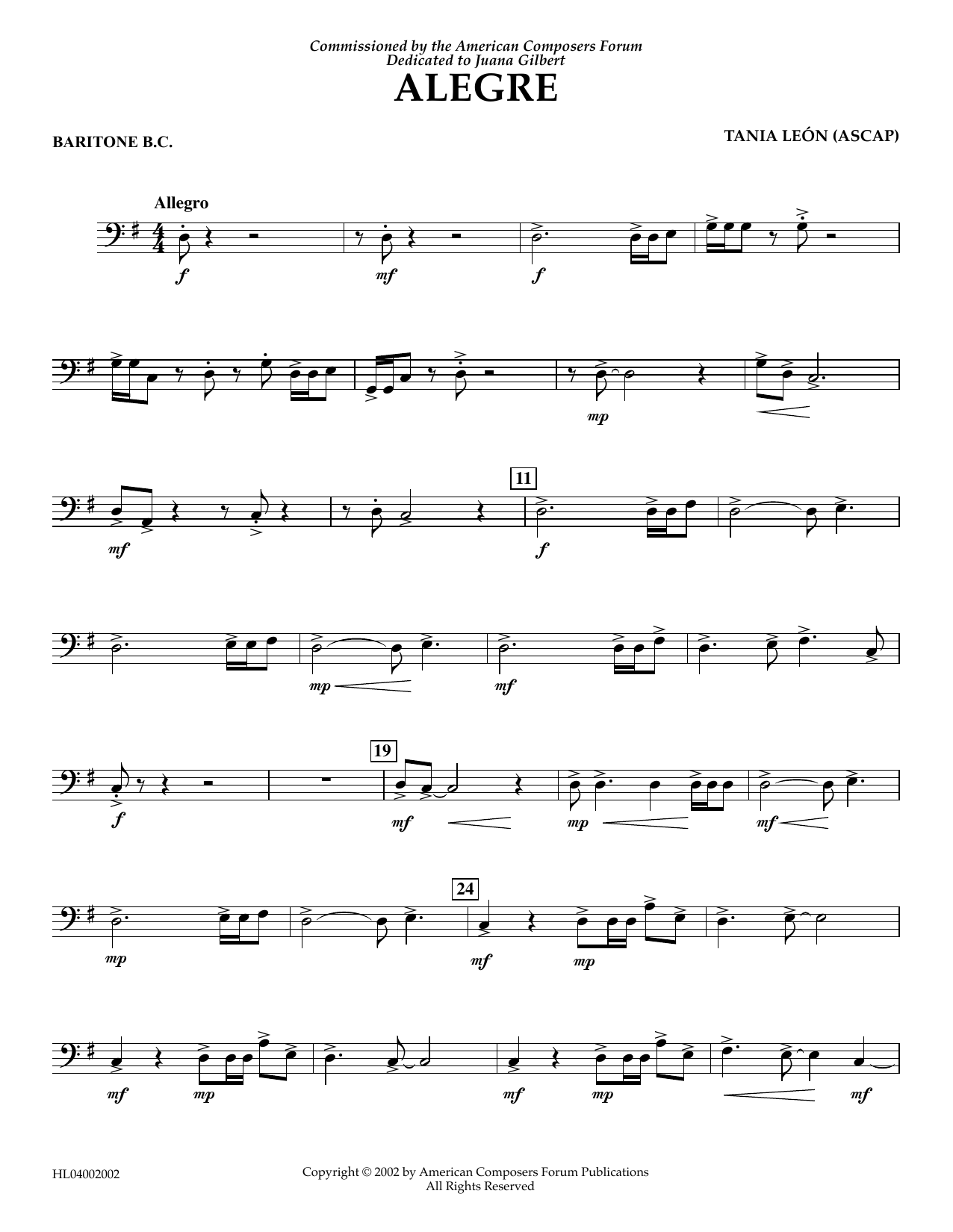 Tania Leon Alegre - Baritone B.C. Sheet Music Notes & Chords for Concert Band - Download or Print PDF