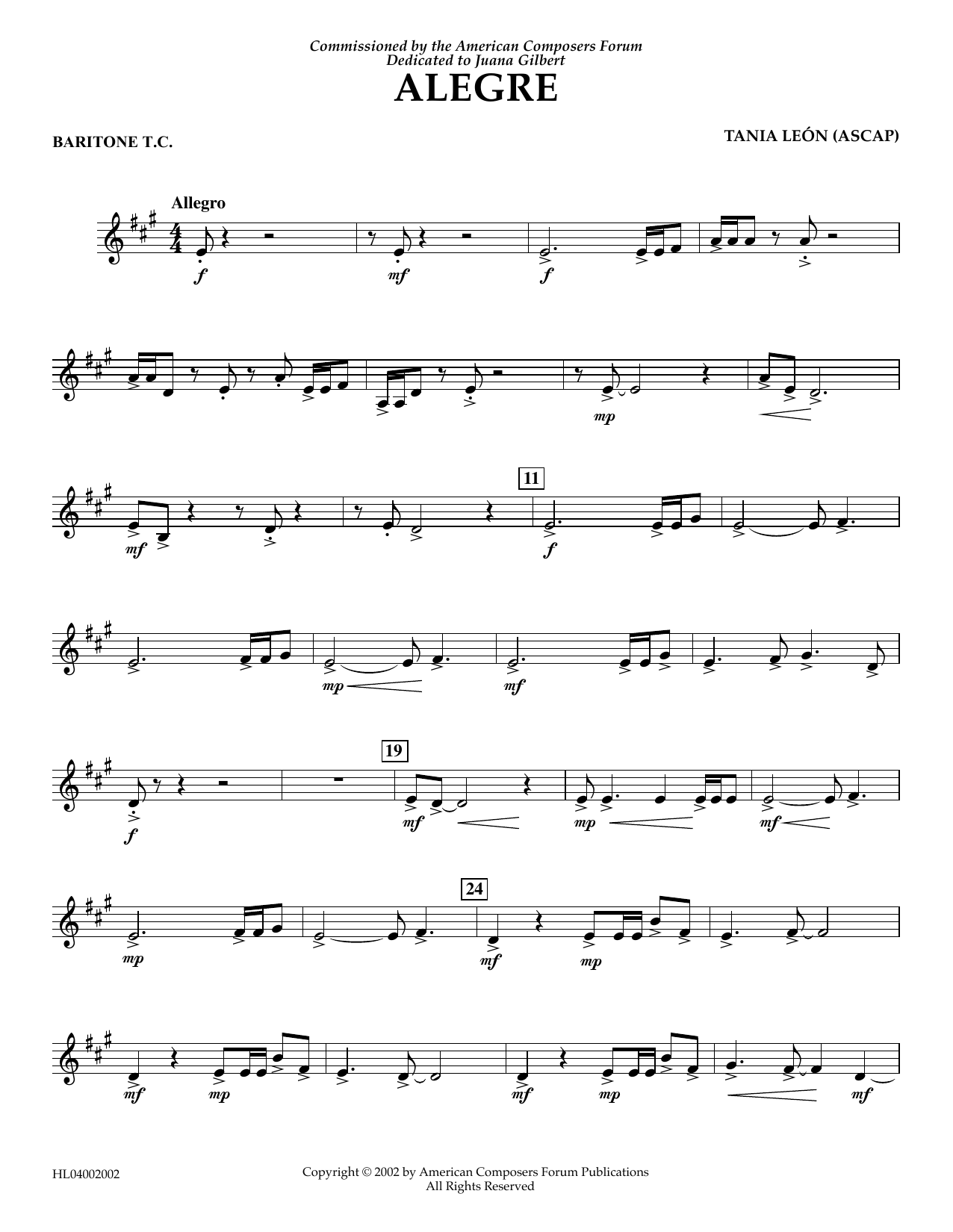 Tania Leon Alegre - Baritone T.C. Sheet Music Notes & Chords for Concert Band - Download or Print PDF