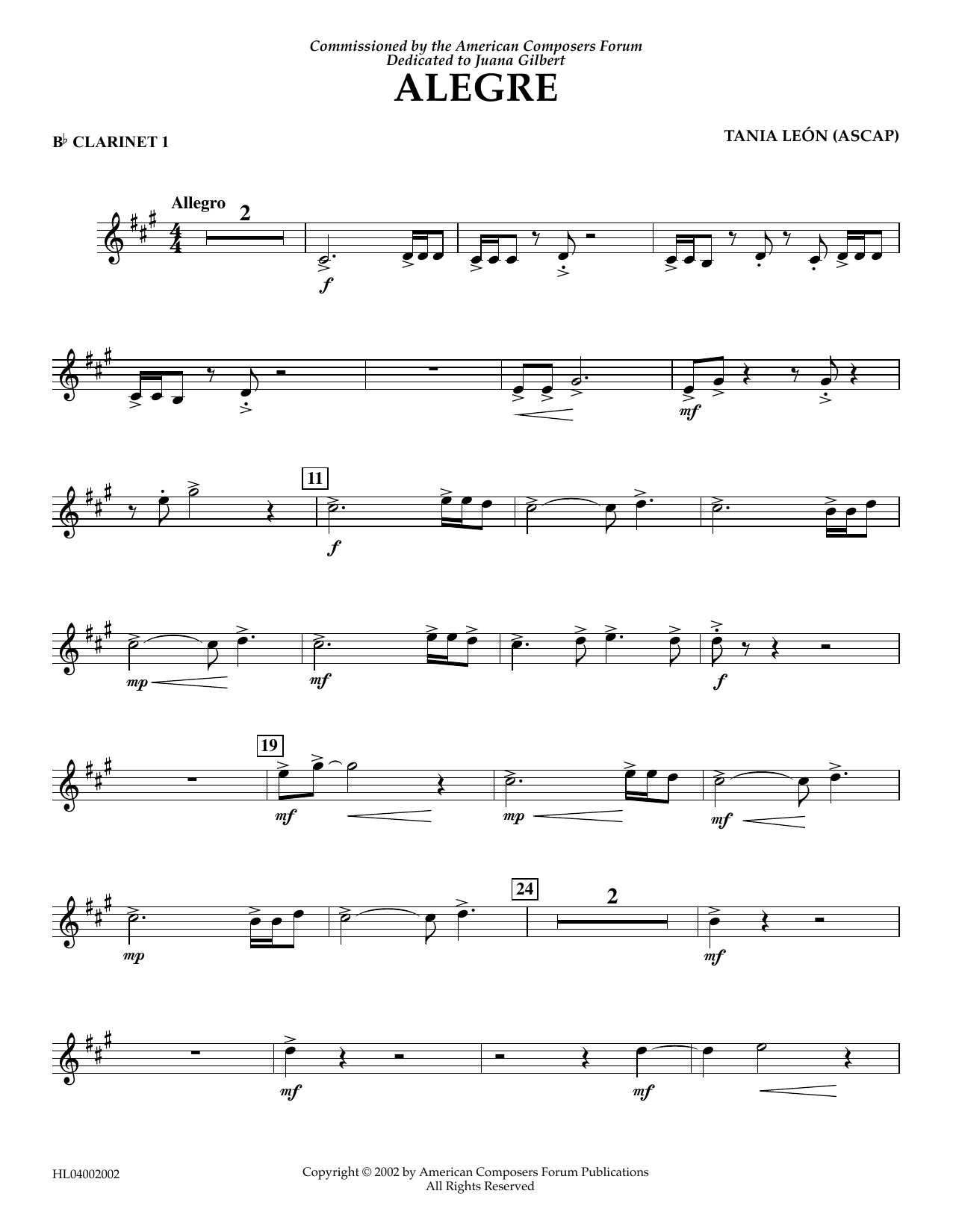 Tania Leon Alegre - Bb Clarinet 1 Sheet Music Notes & Chords for Concert Band - Download or Print PDF
