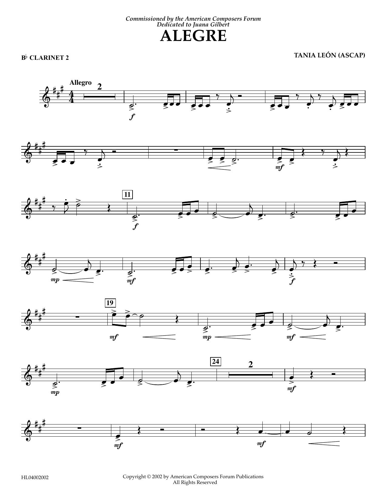 Tania Leon Alegre - Bb Clarinet 2 Sheet Music Notes & Chords for Concert Band - Download or Print PDF