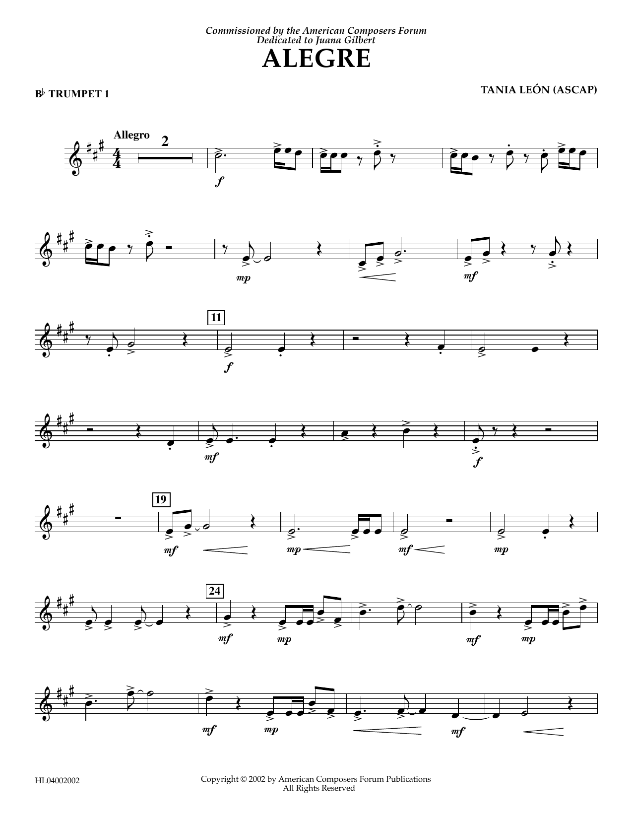 Tania Leon Alegre - Bb Trumpet 1 Sheet Music Notes & Chords for Concert Band - Download or Print PDF