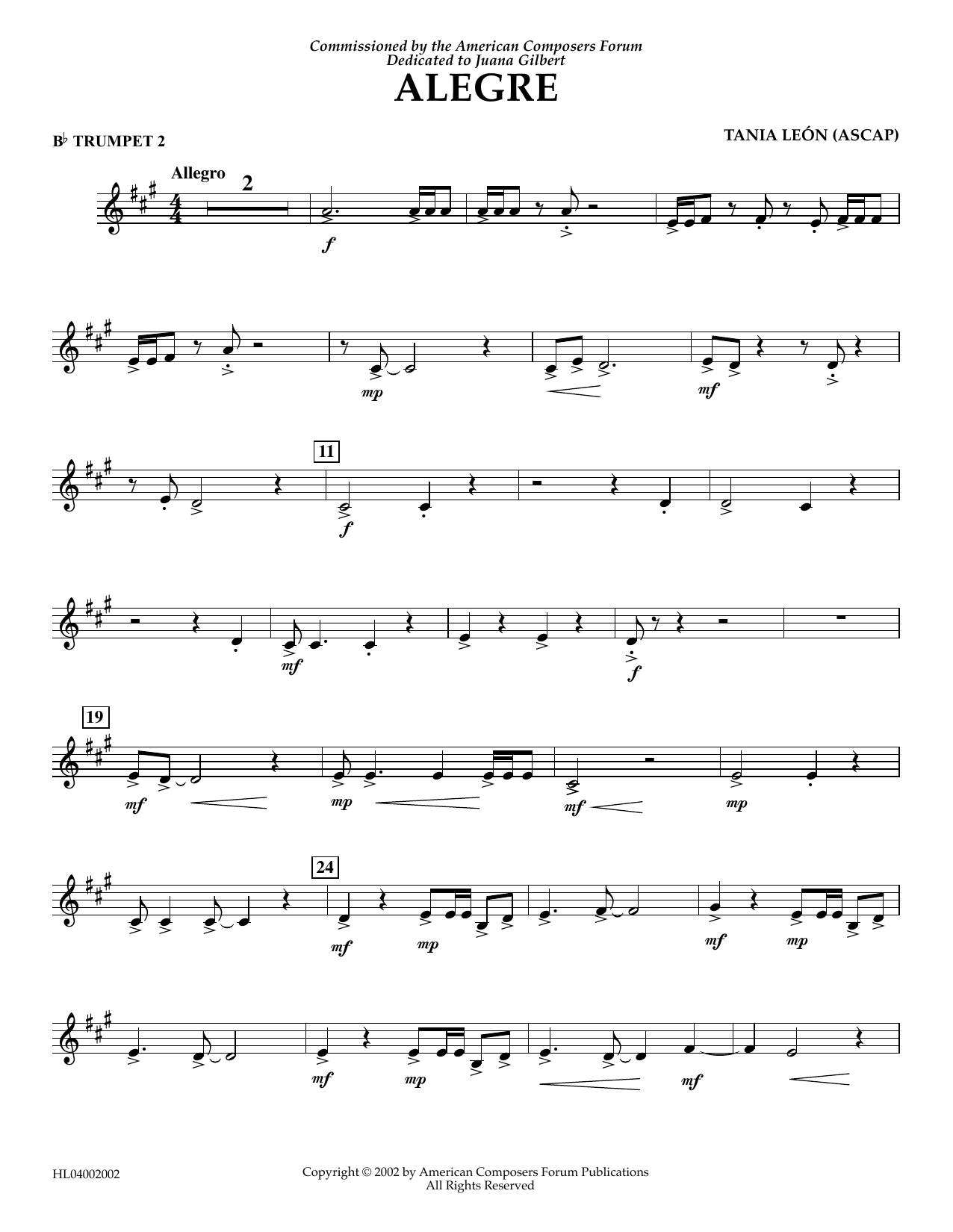 Tania Leon Alegre - Bb Trumpet 2 Sheet Music Notes & Chords for Concert Band - Download or Print PDF