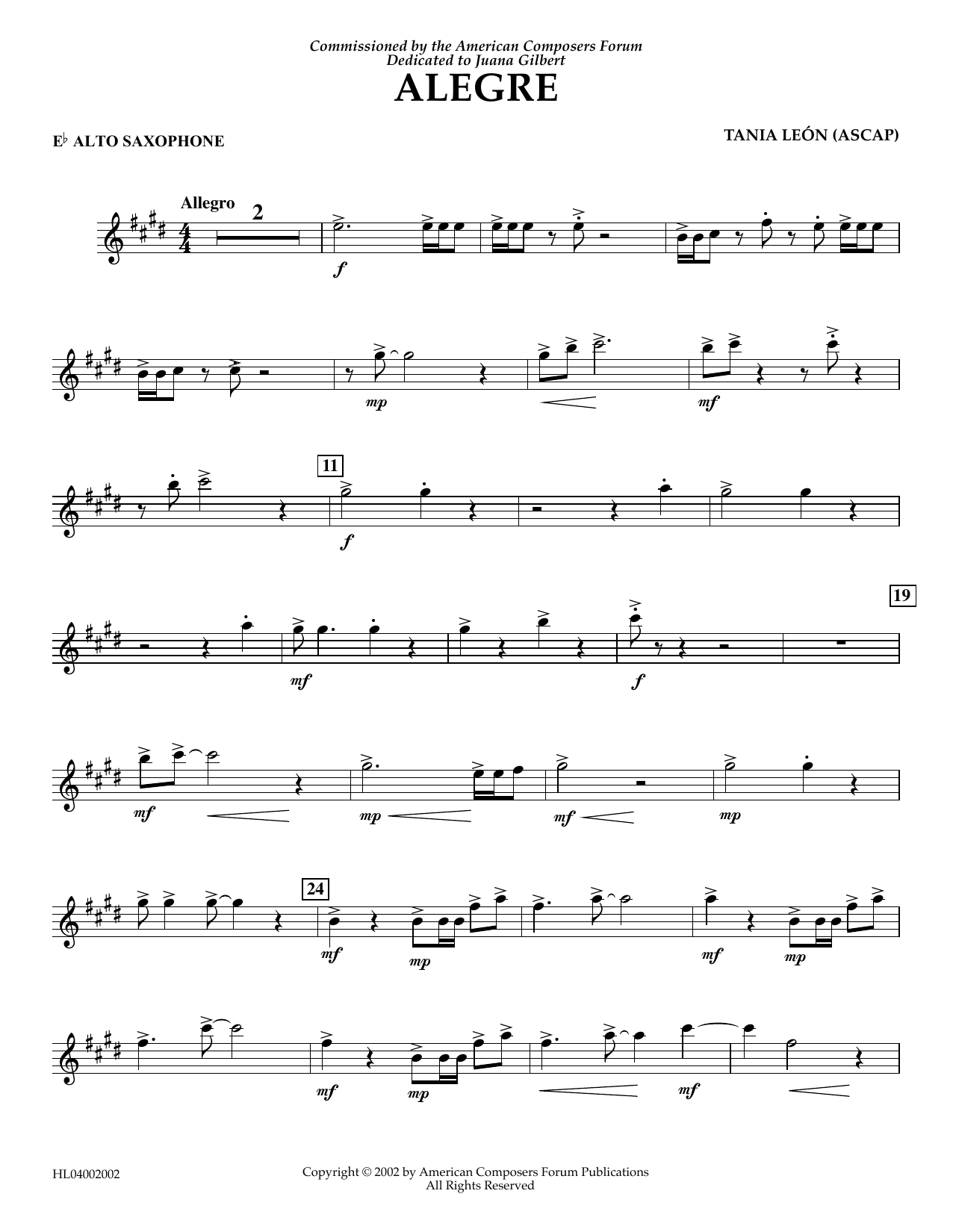 Tania Leon Alegre - Eb Alto Saxophone Sheet Music Notes & Chords for Concert Band - Download or Print PDF